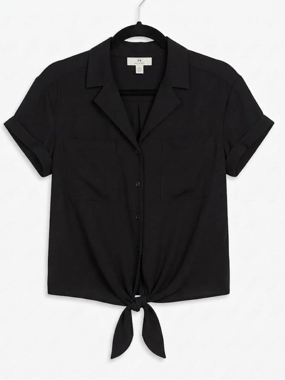 H Halston Black Tie Front Short Sleeve Shirt Blouse XS Oversized fit